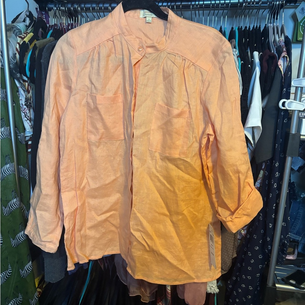 Choices Women's Button Down 100% Linen Shirt in Orange